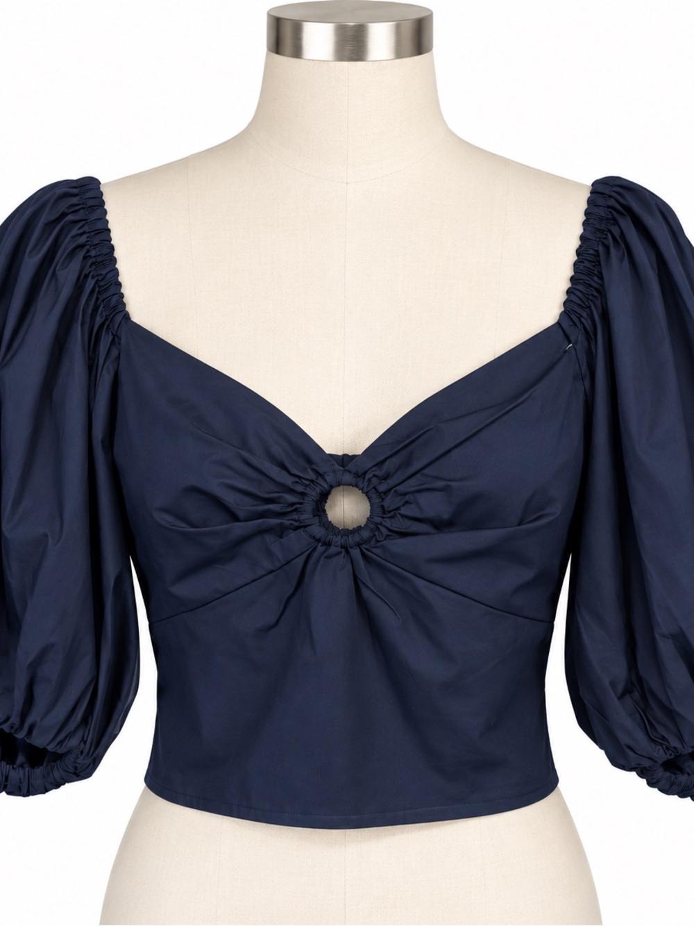 ABERCROMBIE Keyhole Poplin Puff Sleeve Top S Cotton Blend Crop A&F Navy